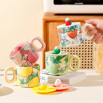 Klein Cadeau Keramische Kop met Deksel Leuke Hoogwaardige Waterbeker Cartoon Puppy Kop Set Familiebeker Meisje 350ML beige