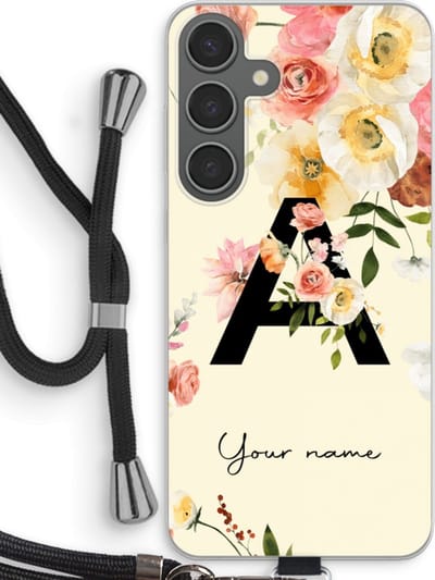 Gepersonaliseerd - Case Company® - Hoesje met koord geschikt voor Samsung Galaxy S24 Plus hoesje met Koord - Flirty Flowers Monogram - Telefoonhoesje met Zwart Koord - Bescherming aan alle Kanten en Over de Schermrand