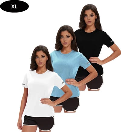 Livano Sportshirt Dames - Sport - Fitness - Compressie Shirt - Corrigerend Hemd - Sportkleding - Vrouwen - 3 Stuks - Zwart + wit + Blauw - XL