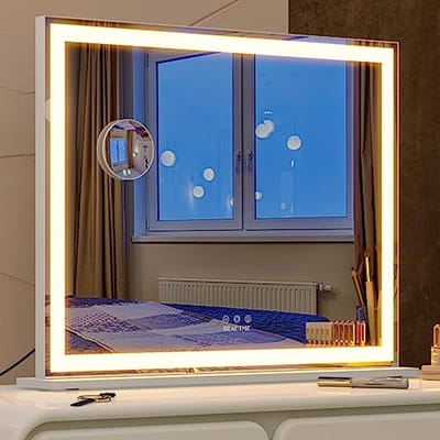 BEAUTME Hollywood make-upspiegel met verlichting, intelligente touch-bediening, 3 lichtmodi, 10 x vergrootglas, tafel- of wandspiegel voor kleedkamer en slaapkamer, wit, 70 x 56,2 cm
