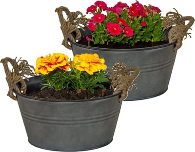 Mega Collections Teil/plantenpot/bloempot Old Rope - 2x - zink - antraciet - D23 X H11 cm
