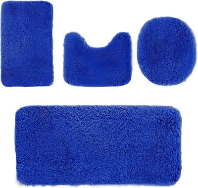 SnelShoppen - Badmat Set 4 Stuks, Wasbare Badkamer Tapijt, Antislip Badmat, Toiletmat, Zachte Absorberende Badmatten en Toiletmat, Douchemats, Blauw