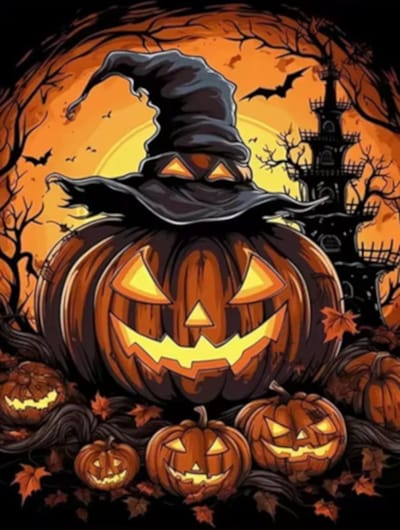 Diamond painting Halloween pompoen heksenhoed 30x40cm vierkante steentjes