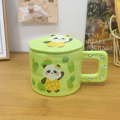 Tasse Panda Famille de Trois Tasse à Eau avec Couvercle Mignonne Tasse en Céramique pour Femmes avec Jolie Tasse Ménagère Haute pour Café Petit Déjeuner 301-400ml