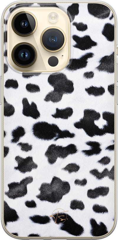 Hoesje geschikt voor iPhone 14 Pro - Koeienprint - Soft Case - TPU - Print - Zwart, Wit - Mooie Telefoonhoesjes