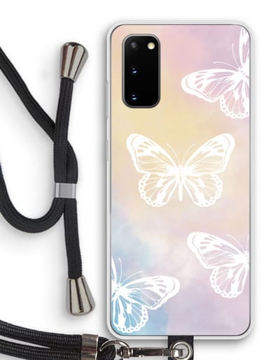 Case Company® - Hoesje met koord geschikt voor Samsung Galaxy S20 hoesje met Koord - White butterfly - Telefoonhoesje met Zwart Koord - Bescherming aan alle Kanten en Over de Schermrand