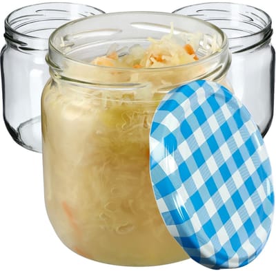 KADAX jampotten, 425 ml, inmaakpotten met schroefdeksel, potten met schroefsluiting, conservenpotten, voorraadpotten voor jam, jam, honing (blauw geruit, 6 stuks)