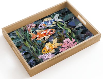 Dienblad hout 40x30 cm - Schootdienblad - Vissen - Koraal - Zee - Mozaïek - Borrelplank rechthoek - Plateau dienbladen