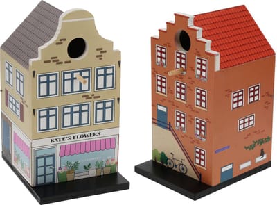 Pro Garden Vogelhuisjes - set 2x - grachtenpand design - hout - 15 x 12 x 23 cm - nestkastjes