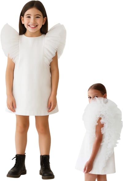 Joya Kids® Bruidsmeisje Jurk Meisje Spierwit met Tule Pofmouwen | Feestjurk Tule Mouwen | Prinsessen jurk Spier Wit | Feestjurk Communie | Kinderjurk Bruiloft | Voor 2 tot 10 jaar oud | Maat 100