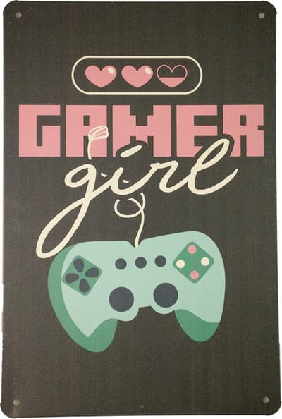 Gamer girl - Metalen wandbord - Wandbord 20 x 30cm - Gaming decoratie - Game decoratie - Muurplaat - Tekstbord - Wandborden - Cave & Garden
