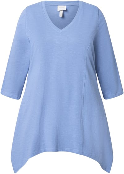 Ulla Popken - Dames - shirt puntzoom V-hals 3/4-mouwen biologisch katoen - Korenbloemblauw - Maat 42+