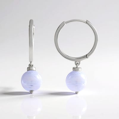 Cavill - Zilveren Oorbellen 925 Sterling Zilver - Blauwe Kant Agaat 6,372 ct - Platina-gecoat - Elegante Ronde Kraal - 30 mm Lange Oorbellen