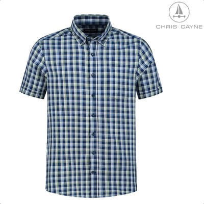 Chris Cayne heren overhemd XL - korte mouw - borstzak - blauw/groen - ruit dessin - 100 % Katoen - borstzak