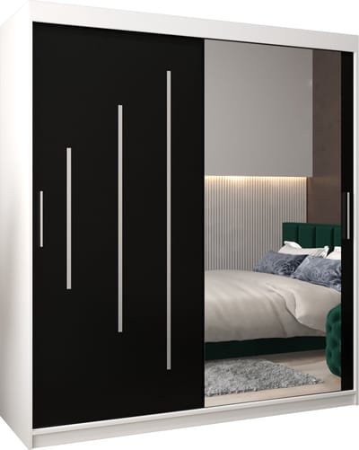 InspireMe - Kledingkast met 2 schuifdeuren, Modern-stijl, Een kledingkast met planken en een spiegel (BxHxD): 180x200x62 - MALTESE II 180 Wit Mat + Zwart