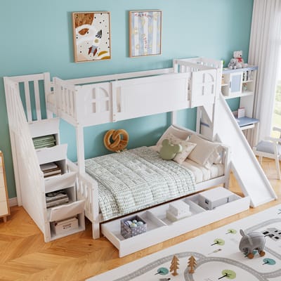STILVORA Stapelbed 90x200 Cm – Kinderbed Met Raamdetails – Trap Met 4 Opbergvakken & Lade – Met Glijbaan – Massief Hout En MDF – Zonder Matras – Wit