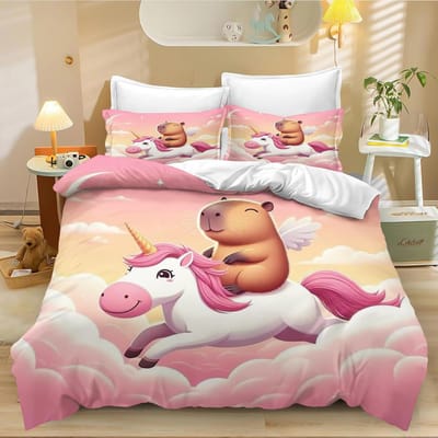 Schattig Capibara Dekbedovertrek Eenpersoons, Kawaii Dier Grappig Wilde Dieren Knaagdier Groen Bruin Slaapkamer Decor Quilt Overtrek Set voor Kinderen 135x200cm