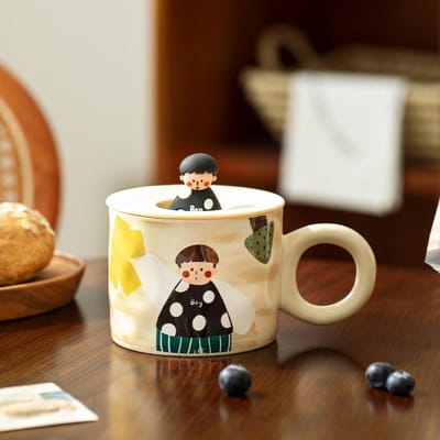 Tasse à eau rétro couple garçon et fille tasse en céramique avec couvercle mug couple tasse à petit-déjeuner tasse à café 301-400ml