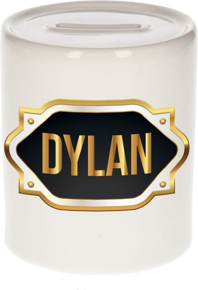 Spaarpot met voornaam Dylan - wit - met goud/zwart embleem - 8 x 9 cm - keramiek - met afsluitdop - cadeau verjaardag