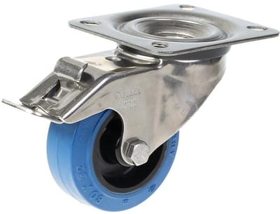 80 mm roestvrijstalen zwenkwiel met rem, voorzien van blauw elastisch rubber op een nylon wielkern
