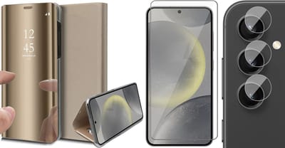 Hoesje geschikt voor Samsung Galaxy S24 - Screenprotector Glas & Camera - Spiegel Book Case Goud