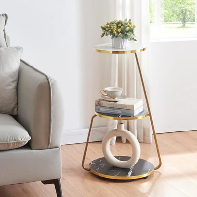 Set van 2 Marmer Look Bijzettafels met Gouden Frame - Stapelbaar
