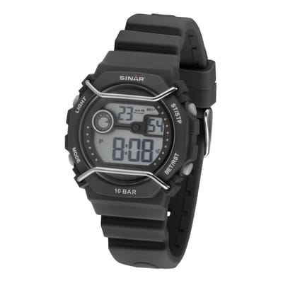 Sinar Horloge - Digitaal - Kind / Jeugd - Zwart - Details in Grijs - 10 Bar Waterdicht - Ø 40 mm - Verstelbaar Bandje (14-19,5 cm) - Alarm - Stopwatch - Timer - Quartz - XE69-1
