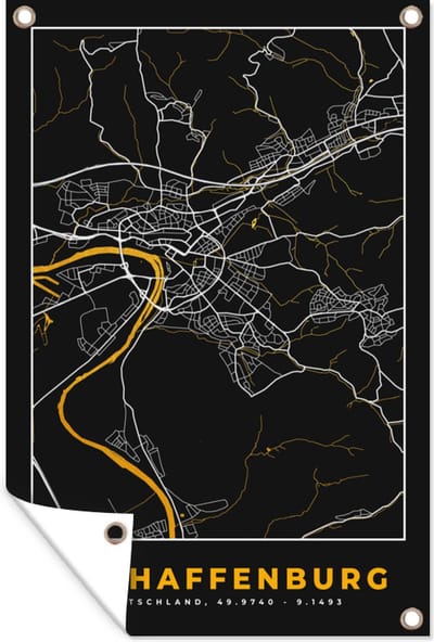 Muurdecoratie Goud – Duitsland – Plattegrond – Gold – Stadskaart – Kaart – Aschaffenburg - 120x180 cm - Tuinposter - Tuindoek