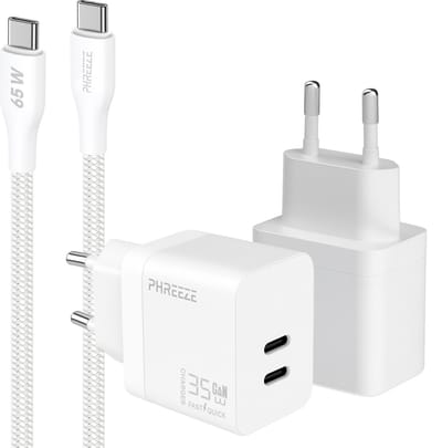 Phreeze usb C oplader 35w met usb C naar usb C kabel 1 meter - GaN charger met 2 usb C poorten - Power Delivery snellader