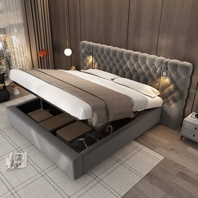 STILVORA Gestoffeerd Bed 180x200 cm – Tweepersoonsbed met Groot Hoofdeinde & Leeslamp – Hydraulische Opbergruimte – voor Slaapkamer – Fluweel – Grijs – zonder matras