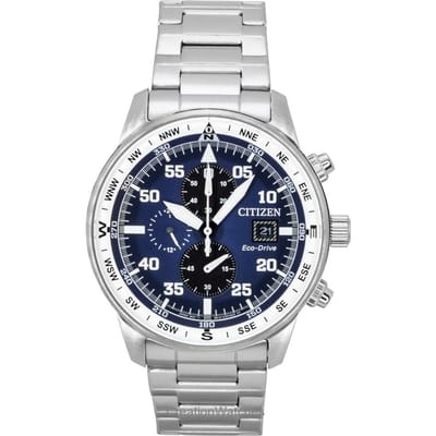 Citizen Eco-Drive Aviator Chronograaf Roestvrij Staal Blauwe Wijzerplaat CA0880-58L 100M Herenhorloge blauw