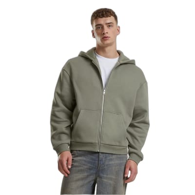 Urban Classics pluizig vest van sweatstof en fleece met capuchon en doorlopende rits licht olijfgroen XXL