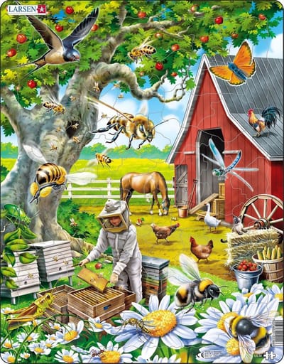 Larsen De imker bij de bijen – Puzzel – Dieren – Bijen en imker – Educatieve legpuzzel voor kinderen – 53 stukjes – Gemaakt in Noorwegen – Extra dikke 2,5 mm stukjes – Tray met vaste rand
