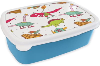 Broodtrommel Blauw - Lunchbox - Brooddoos - Patronen - Dino - Kleuren - Jongens - Kinderen - Kids - Kind - 18x12x6 cm - Kinderen - Jongen