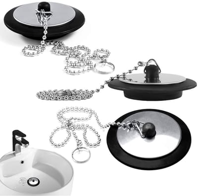 3 Stuks Afvoerpluggen, Universele Kleppluggen, Diameter 45-43 mm Badplug, Stopketting, Spoelbakstopsluiting, met 40 cm Stopketting, voor Spoelbak, Spoelbakstop, badkamer, keuken