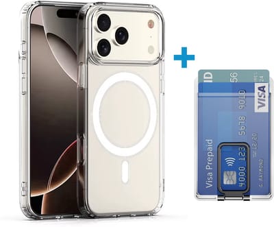 VOWLUX transparant hoesje en losse wallet pasjeshouder geschikt voor iphone 17 pro – magsafe compatible met 32 magneten – pasjeshouder voor 2 pasjes – zwarte klep – telefoonstandaard hoes case