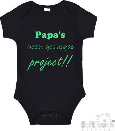Soft Touch Romper "Papa's meest geslaagde project" Unisex Katoen Zwart/mint Maat 56/62