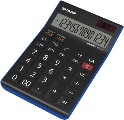 Tafelrekenmachine - Bureau Calculator - Financiële Berekeningen - Dubbele Energiebron - 18x11.5x3 cm - Zwart Blauw