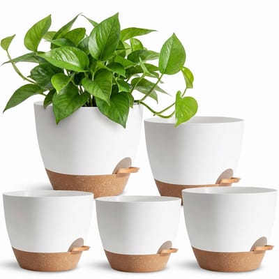 carmdering - 5 Pack Grote Plantenbakken - Zelfwaterende Bloempotten - Kunststof Plantenhouders - Automatisch Watergeefsysteem - Uitneembare Drainagegaten - Duurzaam Plastic - Modern Design - Ideaal Voor Vakanties - 5 Stuks - Wit