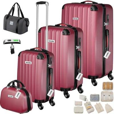 tectake® 19-delige Kofferset - Reiskoffer Set met Bagageweegschaal, Label en Accessoires - 360° wielen - ABS Harde Schaal - Koffer met TSA-Cijferslot - Stapelbaar - Trolley Handbagage - Ruimbagage - 95L, 64L, 39L Koffers en Beautycase - Wijnrood
