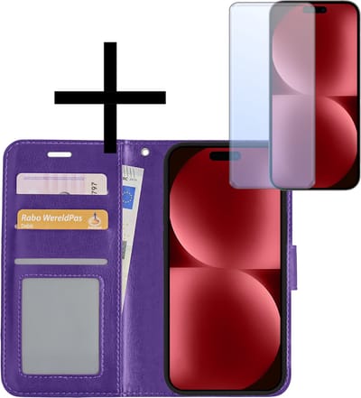 Hoesje - Met Screenprotector - Geschikt voor Apple iPhone 15 - Luxe Pasjeshouder - Bookcase Portemonee - Flip Case - Kunstleer Book Case - Flipcase - Book Cover - Walletcase - Portemonneehoes - Paars