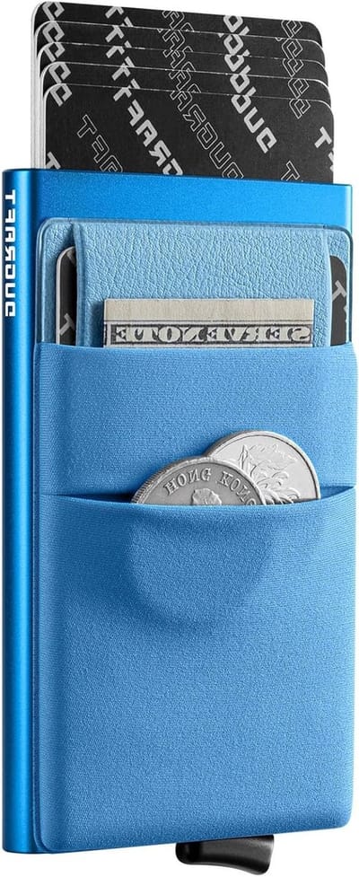 Slimme Pop-Up Wallet met Geldzak - Minimalistische RFID Blokkerende Metalen Creditcardhouder voor Mannen, Blauw, Compact en Stijlvol