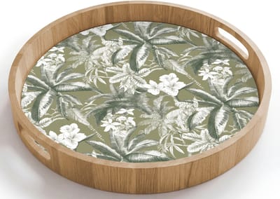 Dienblad rond 40x40 cm - Schootdienblad hout - Botanisch - Bloemen - Groen - Borrelplank rechthoek - Plateau houten dienbladen