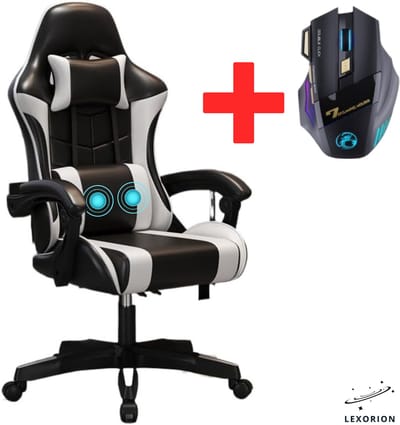 Lexorion Gaming Stoel – Ergonomische Gaming Chair – Inclusief RGB Gamingmuis – Verstelbaar – Lederen Gamestoel – 136 kg – Wit– Bureaustoel