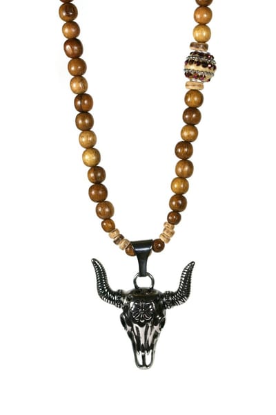 Chique - ketting bruin hout- met een roestvrijstaal bull - lengte 80cm