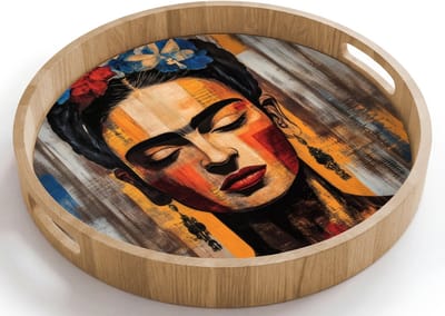 Dienblad rond 40x40 cm - Schootdienblad hout - Portret - Vrouw - Bloemen - Borrelplank rechthoek - Plateau houten dienbladen