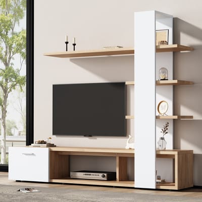 REDOM TV-meubel 180x33.5x151.5 cm van spaanplaat, modern minimalistisch design, met opbergruimte en deur, wit/hout
