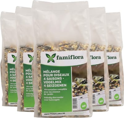 Famiflora Winter Strooivoer 5kg (5x 1kg) - 4-Seizoenen Strooimix - Gevarieerde Zadenmengeling - Rijk aan Energie - Tuinvogels