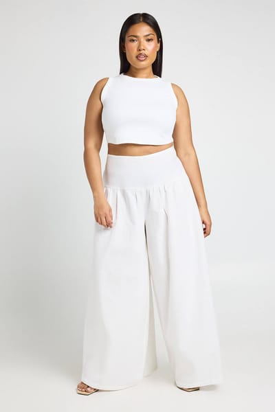 boohoo Dames Plus Linnen Look Extreem Wijde Pijpen Broek | Natural | Maat: 56