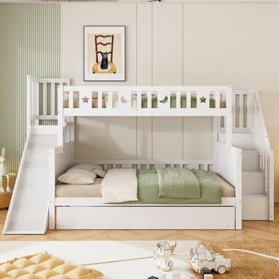 Kinderbed 90x200/140x200 cm - stapelbed - met glijbaanboekenkast - uitschuifbaar bed - wit - zonder matras